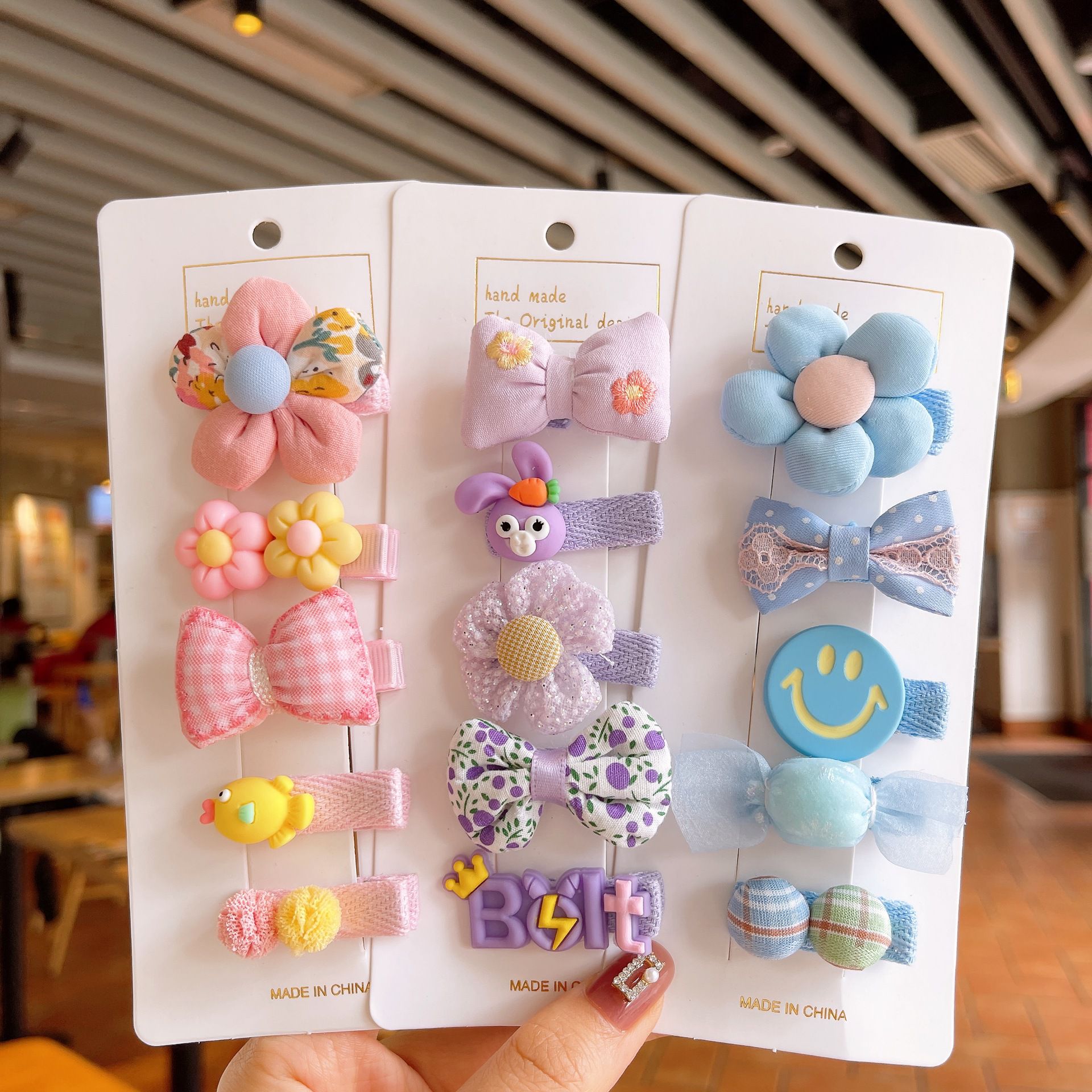 可愛全包布兒童髮夾5入組-花花+蝴蝶結-粉色