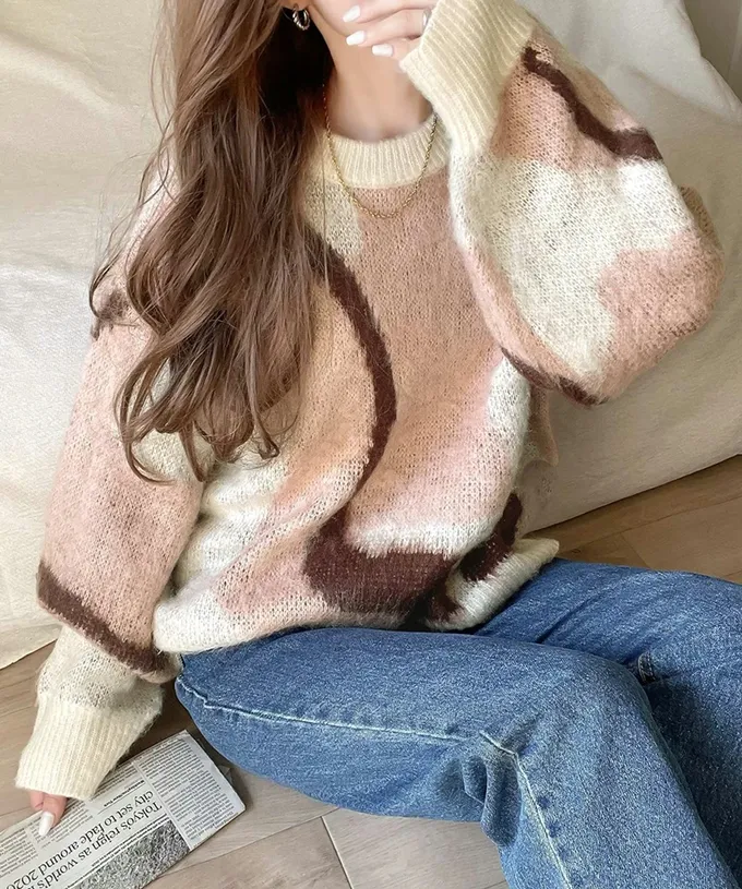 日本 Classical Elf - 歐風毛絨感波浪印花毛衣-淺灰x水藍