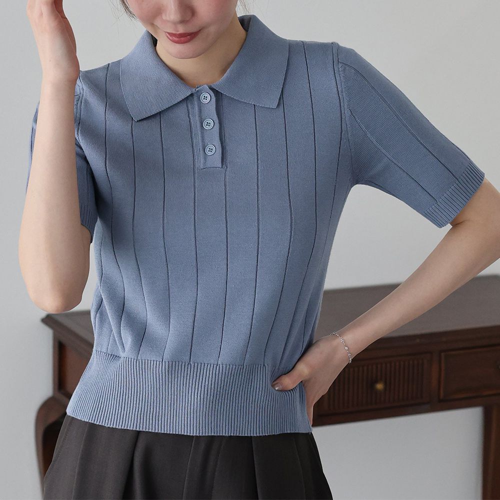 都會氣息寬羅紋針織短袖polo衫-煙燻藍