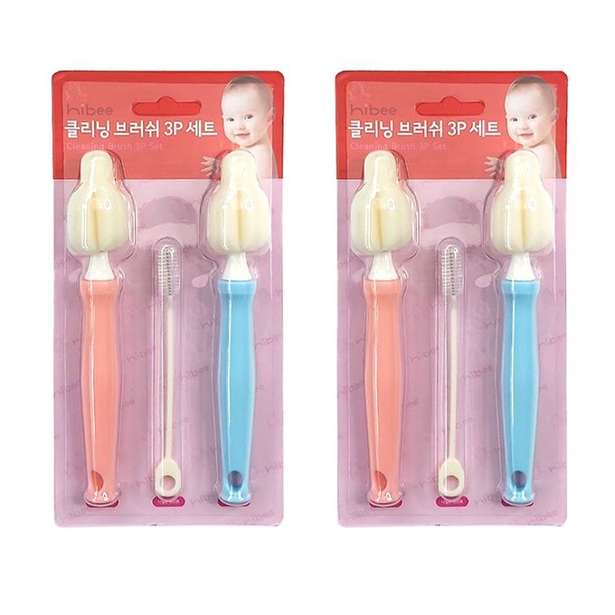正韓 hibee - 各類杯蓋/杯子/水壺縫隙/奶嘴/奶瓶 海綿萬用刷+吸管刷3入組 (櫻花粉+天空藍)-HFB007PB2 (兩套)