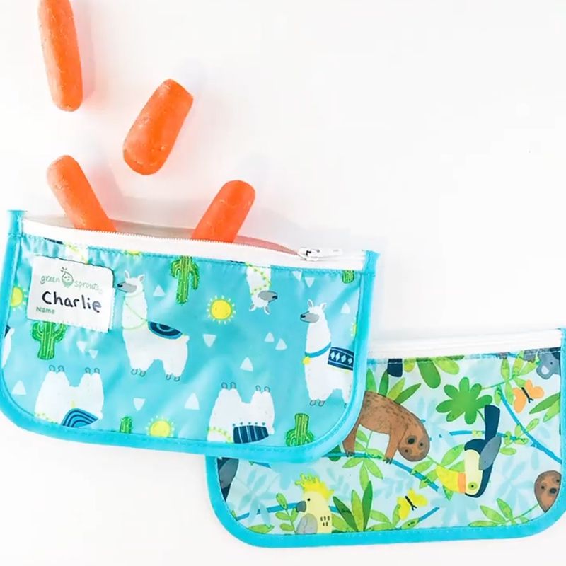 美國 green sprouts - 小綠芽可攜式零食袋、食物袋與小物收納袋(可攜帶固齒器/奶嘴) 兩入組-羊駝寶寶