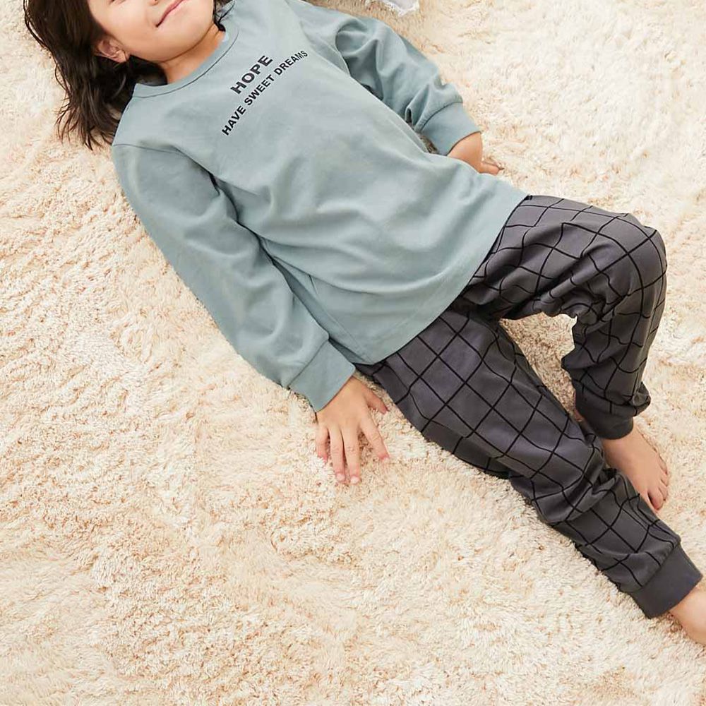 100%棉 高腰長袖家居服套裝-英文格子-藍綠x深灰