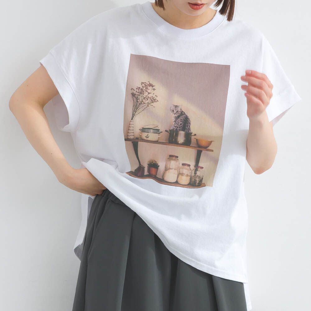 16支天竺棉 療癒印花法式袖上衣-貓咪的房間-白