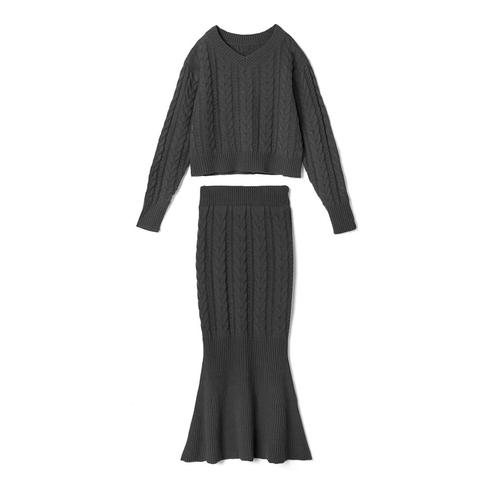 日本 GRL - 麻花編織針織毛衣+魚尾長裙套裝-時尚黑