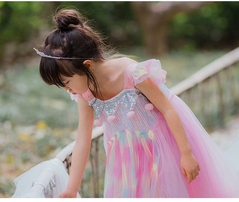 圓球裝飾亮片網紗洋裝-粉色