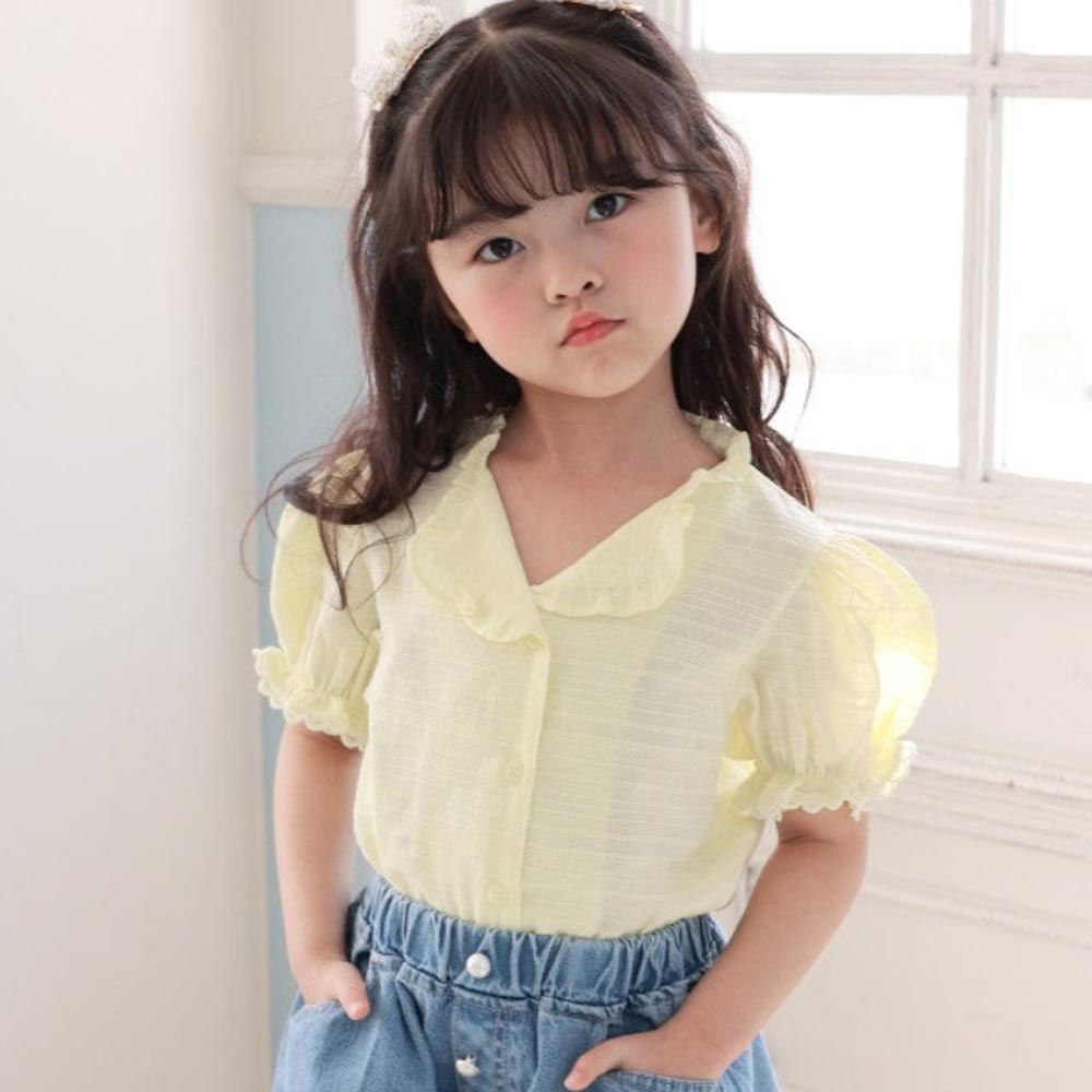 韓國 Dalla - 質感波浪邊領泡泡袖襯衫-淺黃