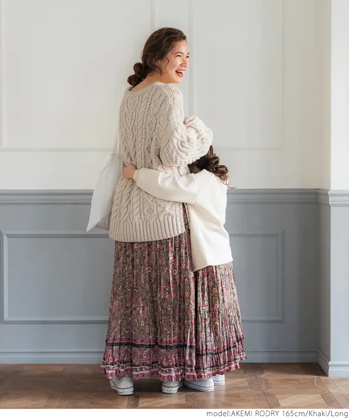 日本 COCA - 100%棉 春日優雅碎花長裙-大人-軍綠x粉紫