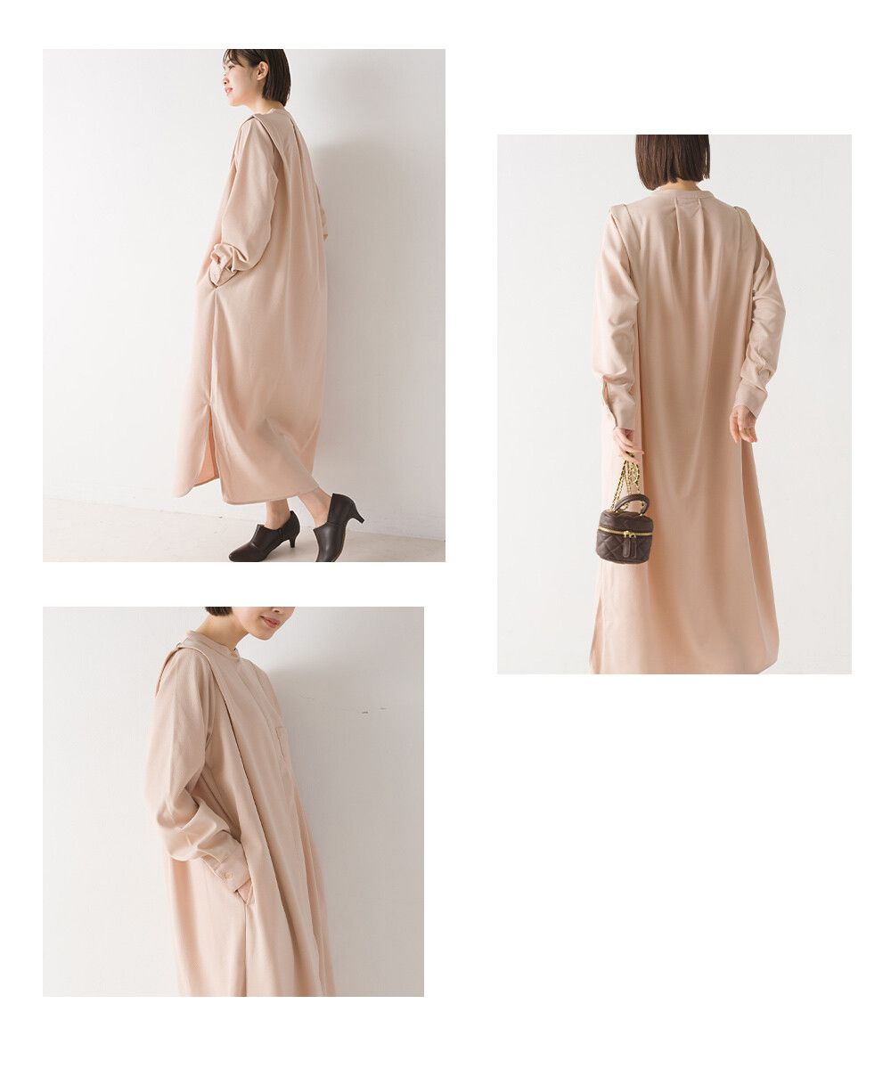 日本 OMNES - 法式簡約絲滑長版襯衫洋裝-米杏
