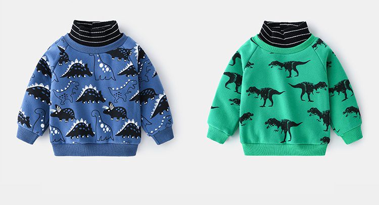 WELLKIDS - 假兩件高領長袖上衣/大學T-暴龍剪影-綠色