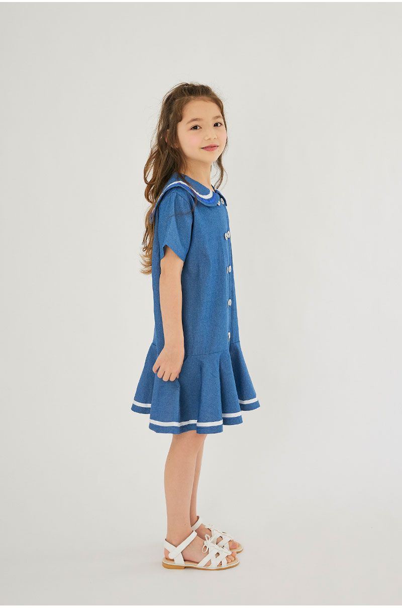 韓國 OZKIZ - 丹寧水手排釦連身洋裝-丹寧藍