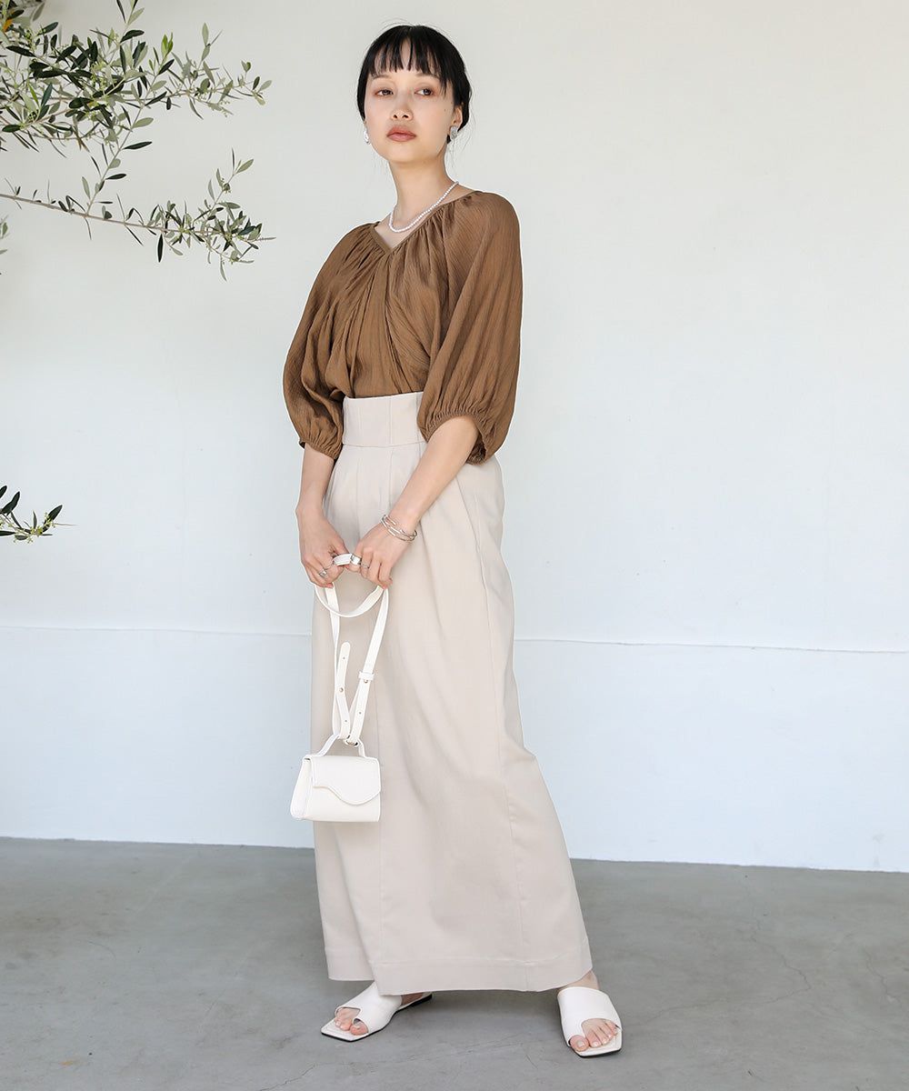 日本 Bab - 嫘縈後綁帶氣球袖上衣-咖啡