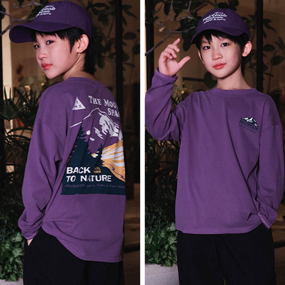 純棉圓領長袖上衣-撞色山脈-灰紫