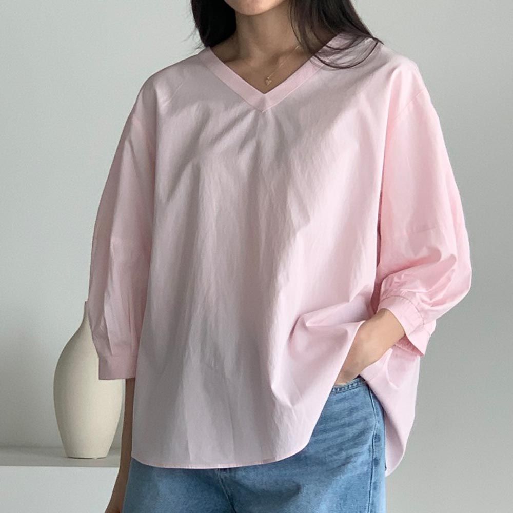 韓國女裝連線 - 美型V領拼接七分袖襯衫-粉紅 (FREE)