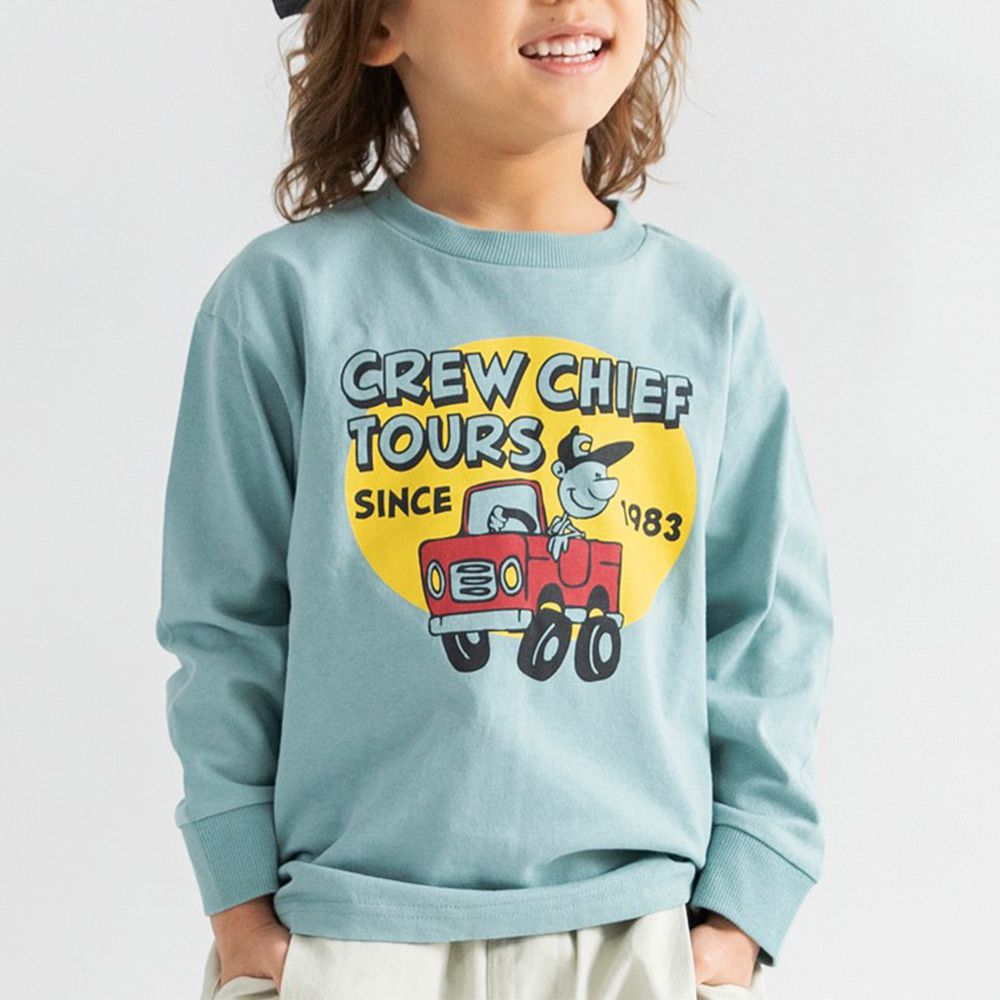 100%棉 美式印花薄長袖上衣-吉普車-湖水綠