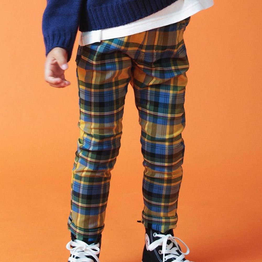 日本 BREEZE - 內刷毛輕量彈力合身長褲-英倫格紋-藍黃系