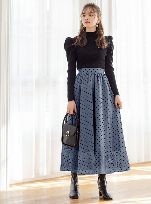 日本 GRL - 復古圓點點雪紡長裙-藍