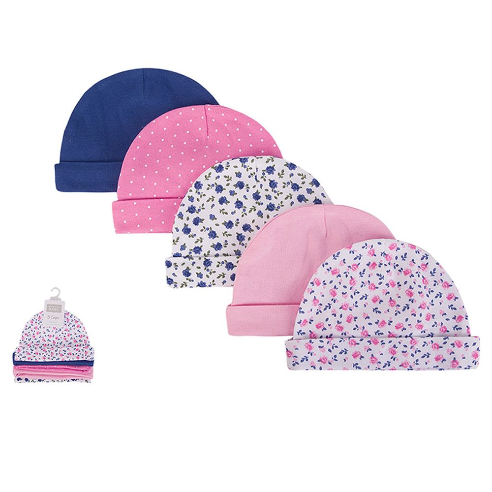 美國 Luvable Friends - 甜蜜寶貝100%純棉新生兒棉帽 保暖帽5件組-粉藍小花