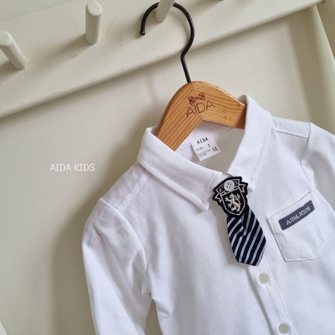 韓國 AIDA - 海軍小領帶裝飾長袖襯衫-白