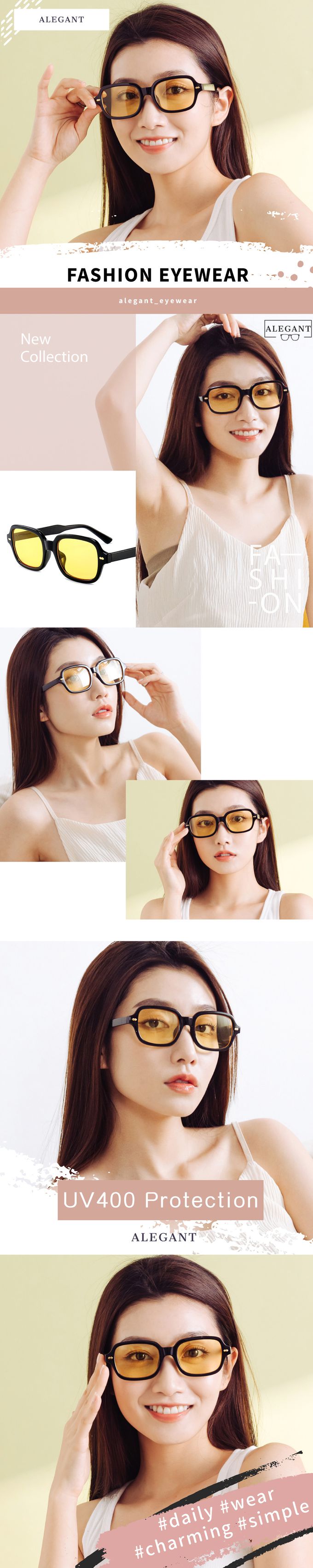 ALEGANT - 摩登時髦雪泥黃方圓框墨鏡│UV400太陽眼鏡