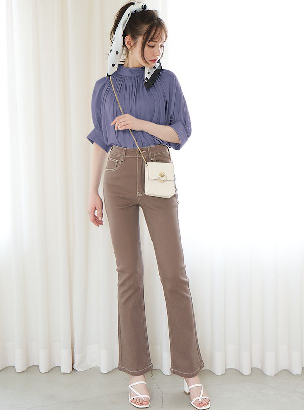 日本 GRL - 百搭立領泡泡短袖上衣-深棕粉 (F)