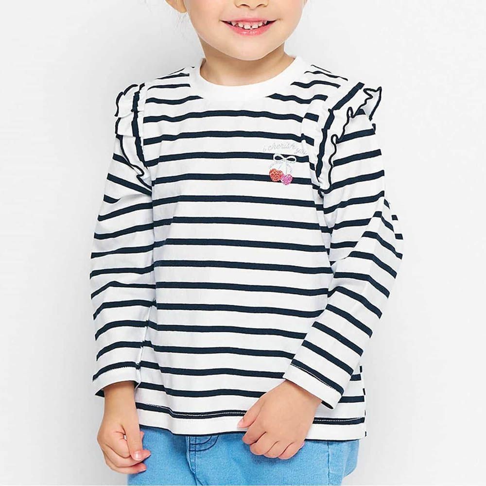 天天穿荷葉肩印花長袖上衣-櫻桃條紋-黑X白