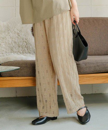 日本 Bou Jeloud - 蕾絲雕花垂墜寬褲-軍綠