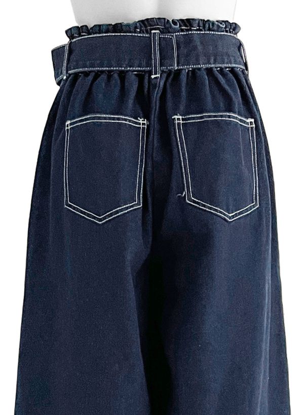 日本 GRL - 復古反折丹寧美腿寬褲-深藍