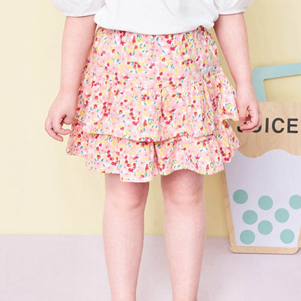 鬆緊腰粉紅花瓣層次褲裙-粉