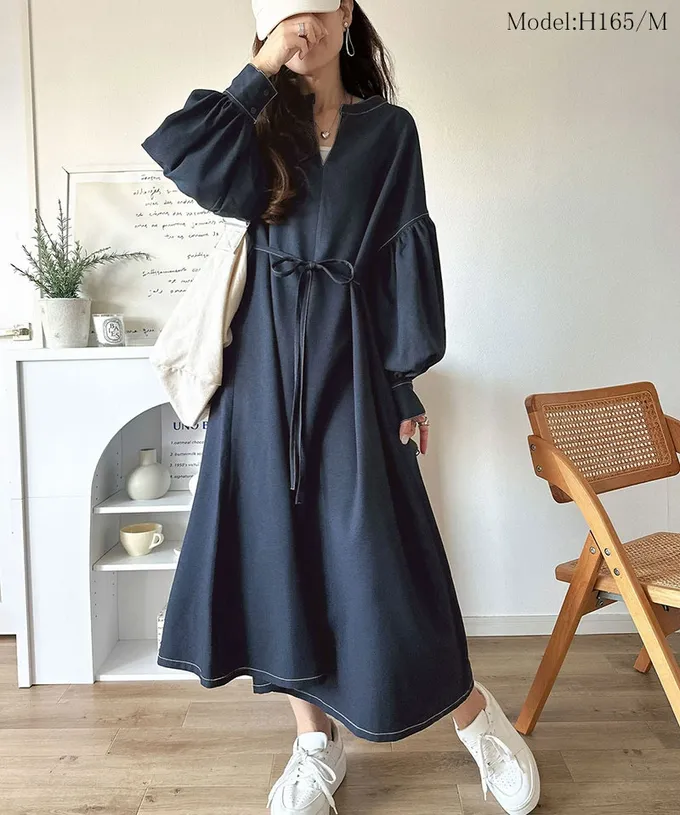 日本 Classical Elf - 鑰匙領氣質澎澎腰綁帶長袖洋裝-咖啡