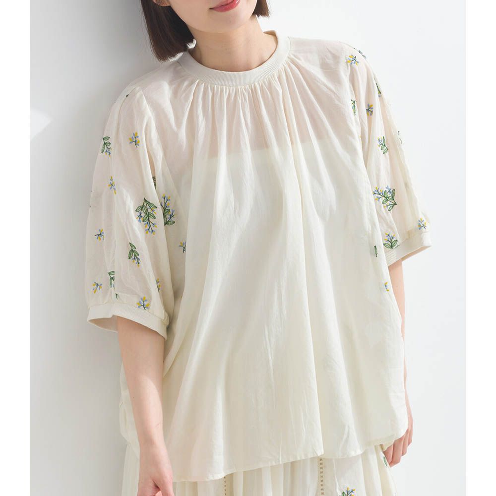 100%印度棉 優美植物刺繡大寬袖上衣-象牙