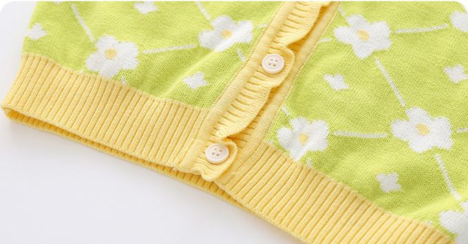 好搭V領鈕釦針織背心-花朵-黃+綠色
