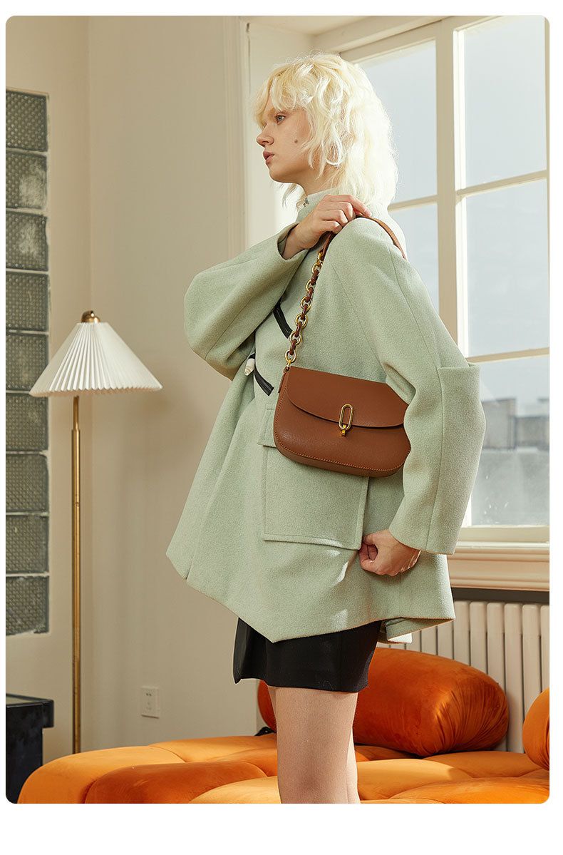 真皮時尚簡約單肩/斜跨馬鞍包-黑色 (17x7x22cm)