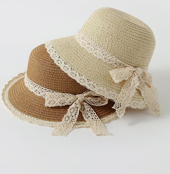 兒童透氣遮陽帽/編織草帽-蕾絲蝴蝶結-米色 (48-50CM)