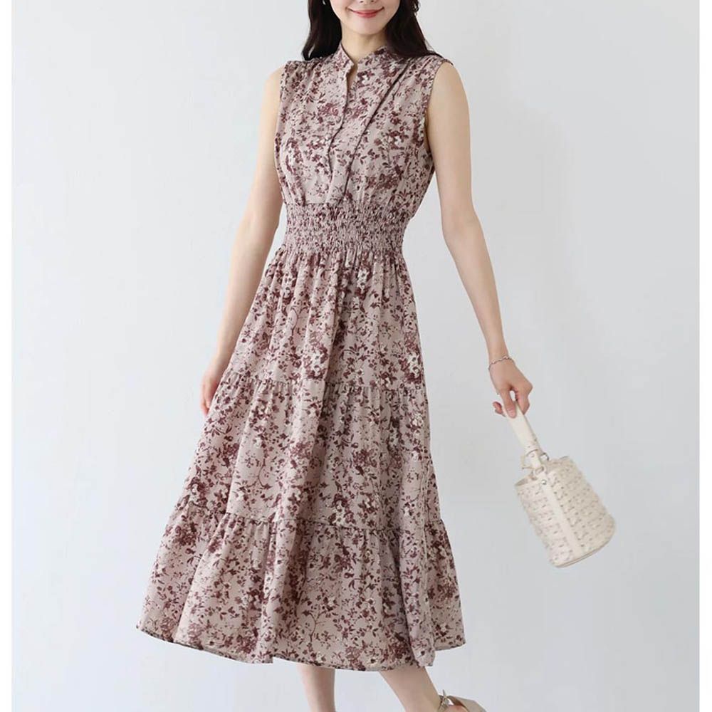 接觸冷感 縮腰顯瘦立領無袖洋裝-花朵-深粉紅 (M)