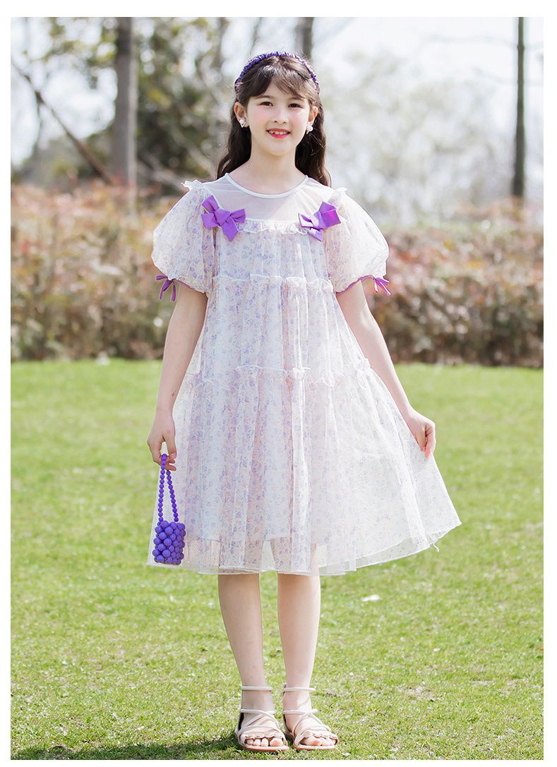 網紗泡泡袖蛋糕裙洋裝-滿版碎花-白+紫