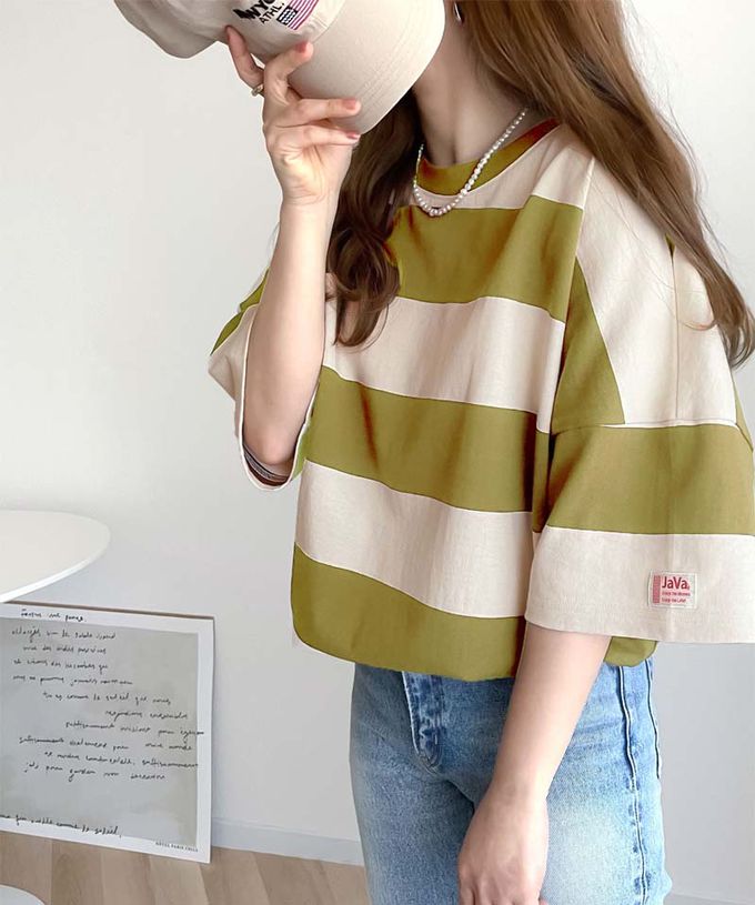 日本 Classical Elf - Java 純棉寬條紋落肩五分袖上衣-咖啡x米杏