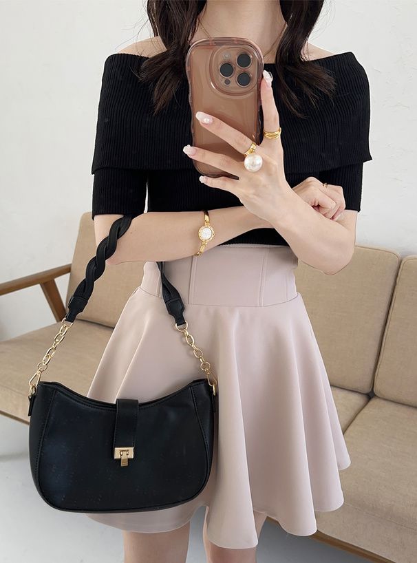 日本 GRL - 一字領羅紋顯瘦短袖上衣-白 (F)