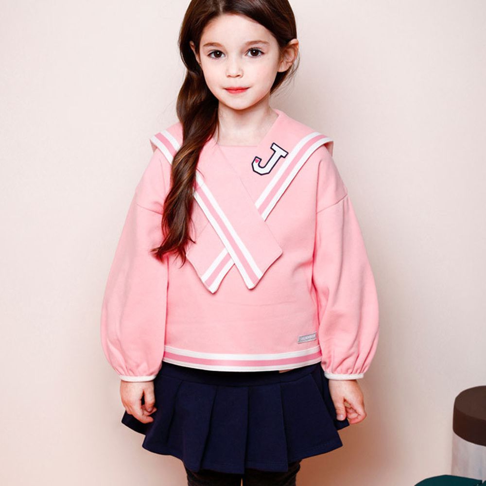 韓國 Jelispoon - (內刷毛)學院交叉領褲裙套裝-粉紅