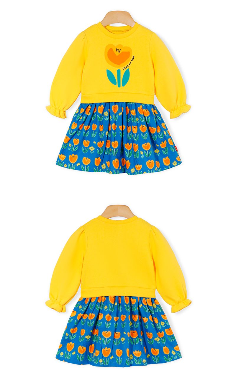 韓國 OZKIZ - 橘黃鬱金香拼接感長袖洋裝