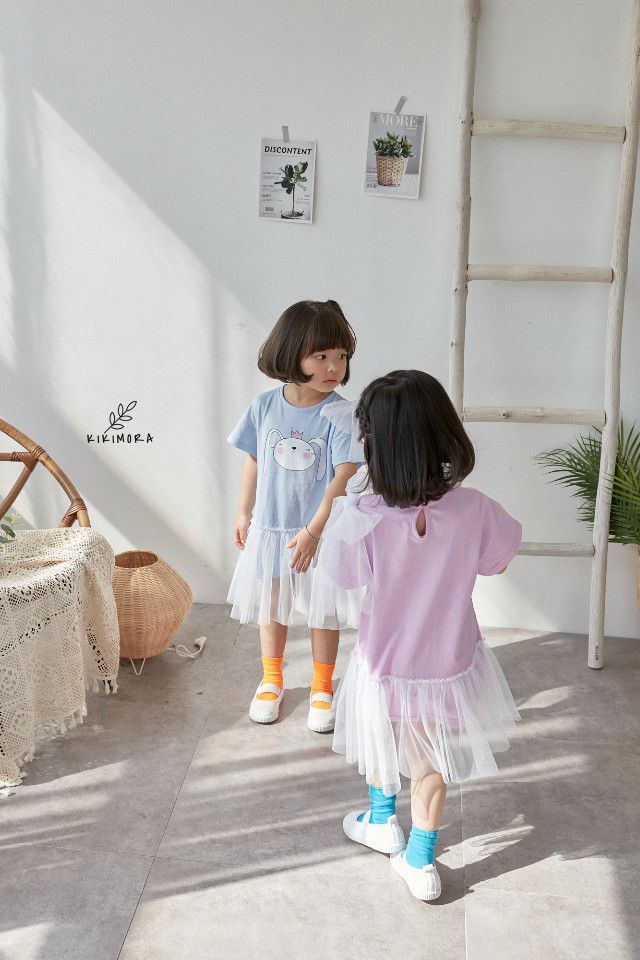 韓國 kikimora - 單邊緞帶皇冠兔網紗拼接洋裝-粉紫