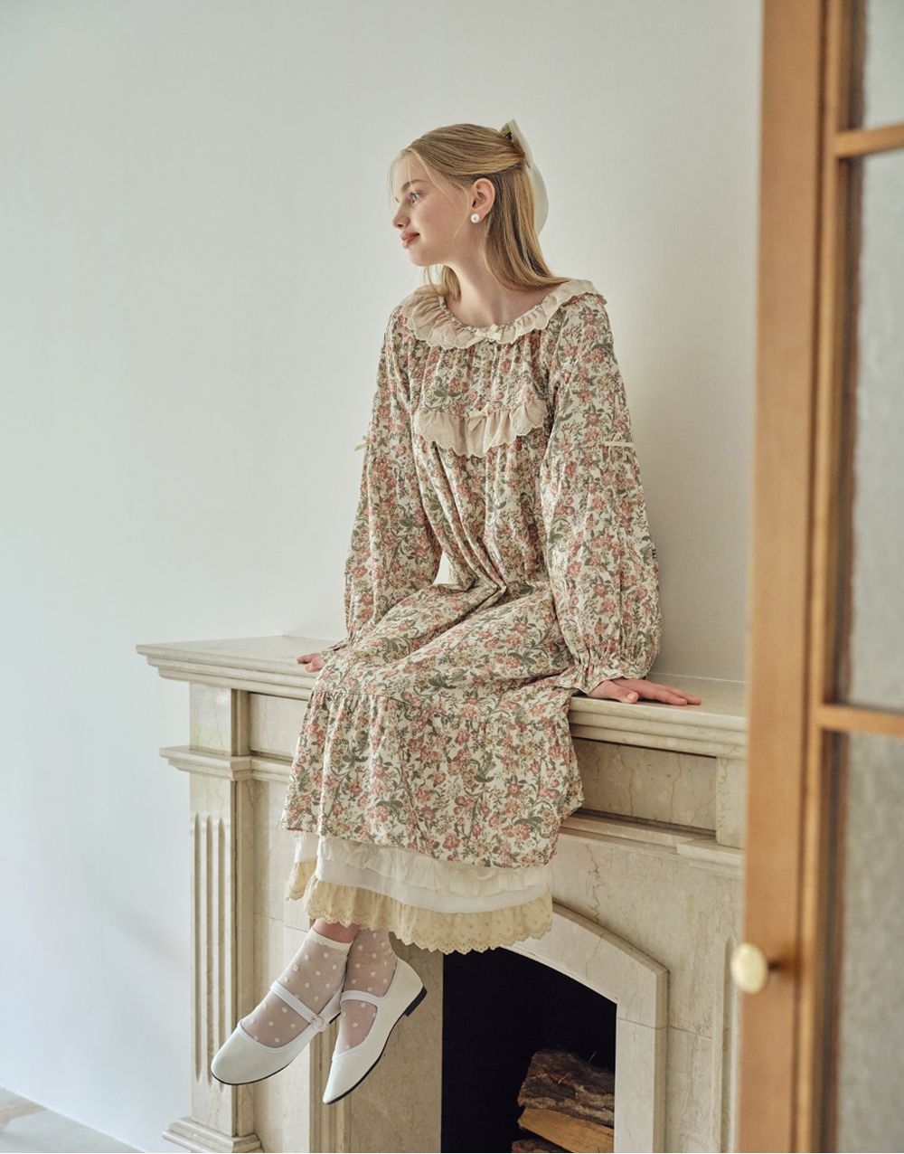 韓國 ULLALA - 絕美公主純棉長袖睡衣-(洋裝式)-奶油色 (FREE)