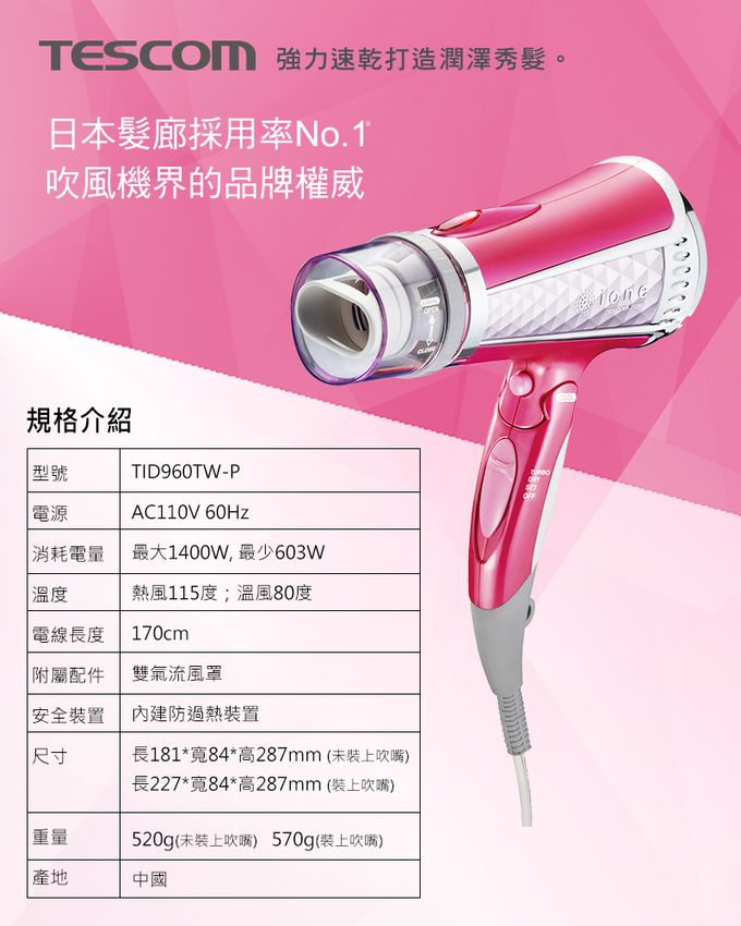 日本 TESCOM - 專業型大風量負離子吹風機TID960TW-粉
