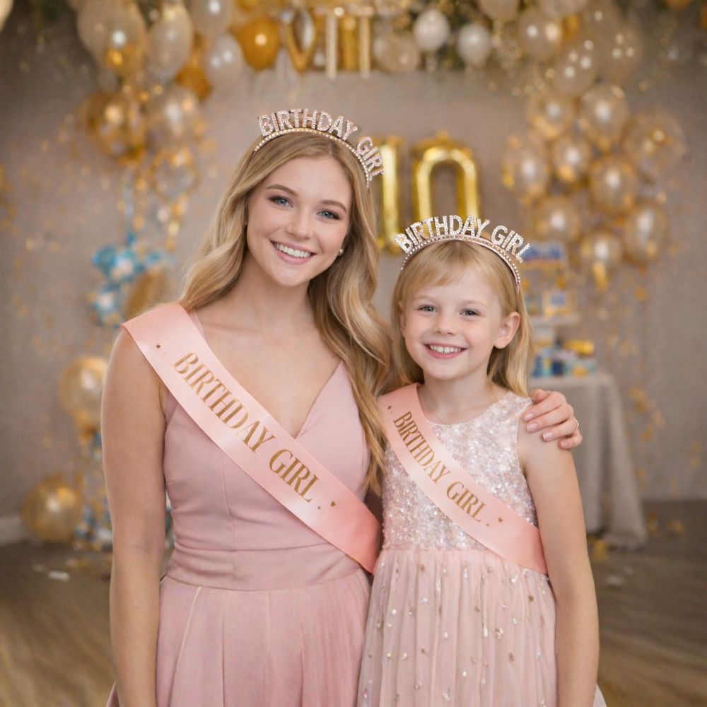 Birthday Girl 生日女孩髮箍肩帶組-玫瑰金髮箍+蜜桃粉緞帶