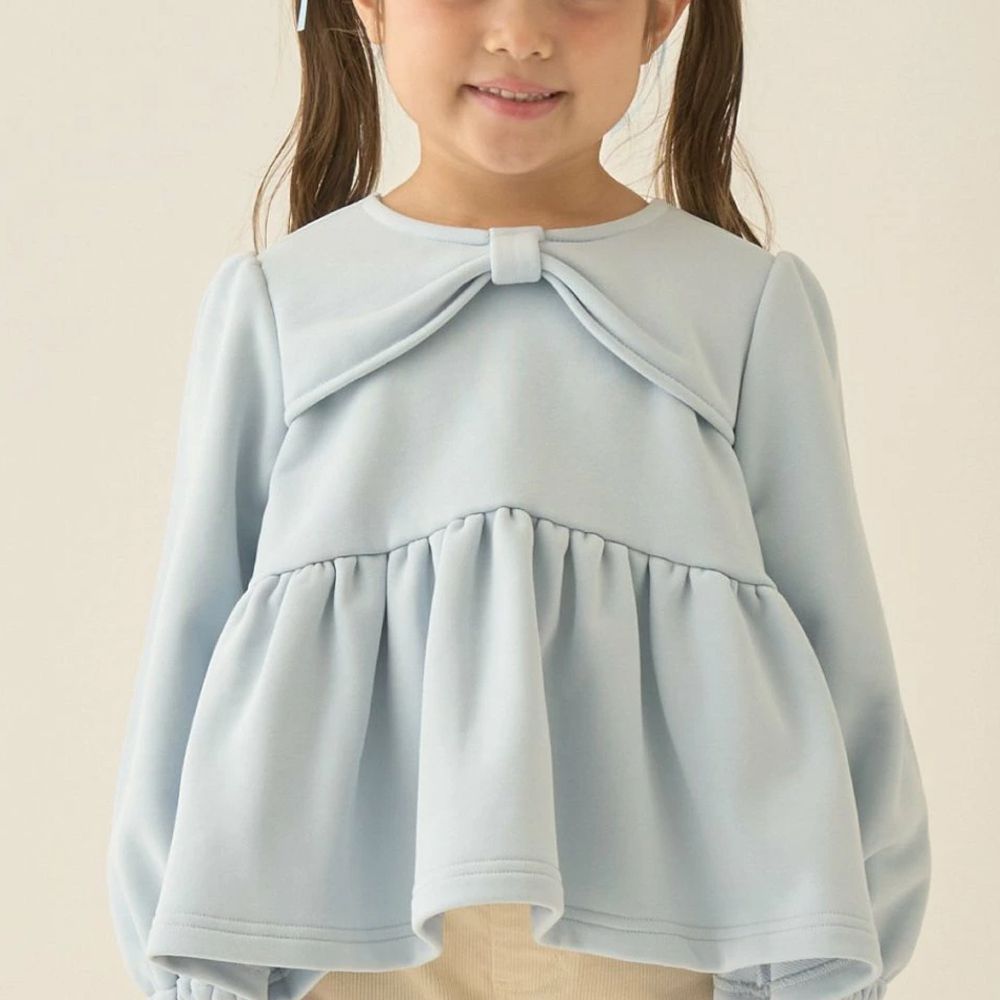 胸前蝴蝶結領荷葉上衣-藍