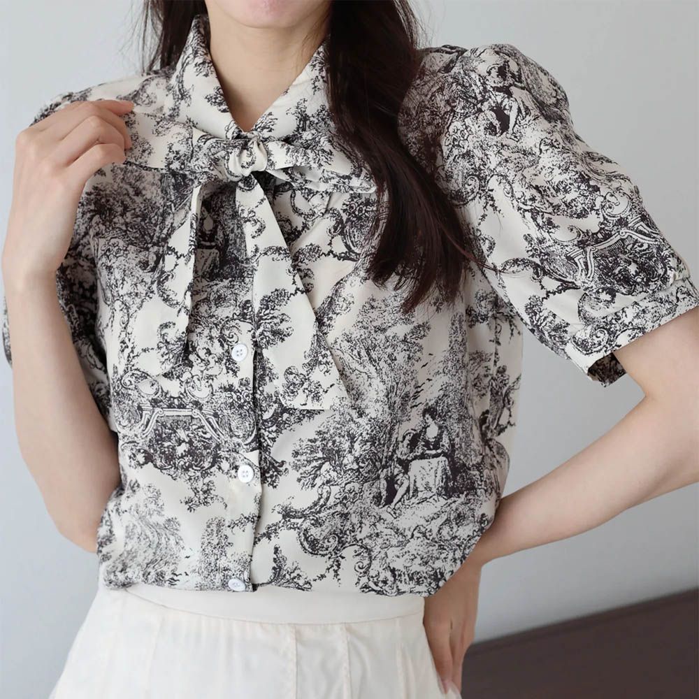 氣質蝴蝶結雪紡小澎袖襯衫-印花-象牙白