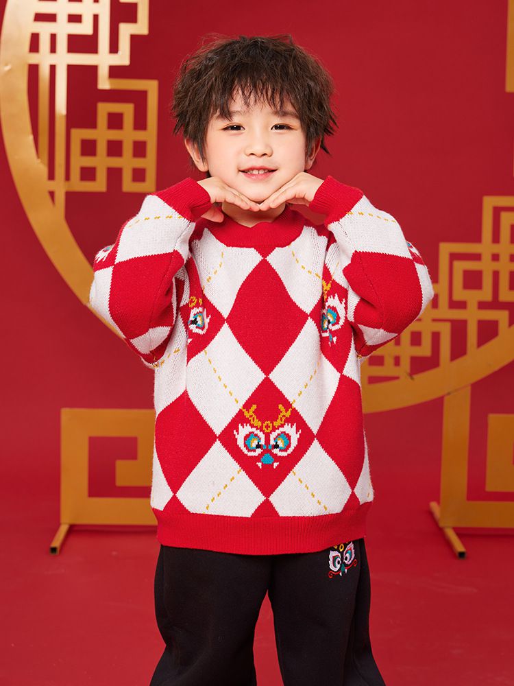 (加絨)喜氣拜年圓領針織長袖毛衣-福氣龍-紅+白