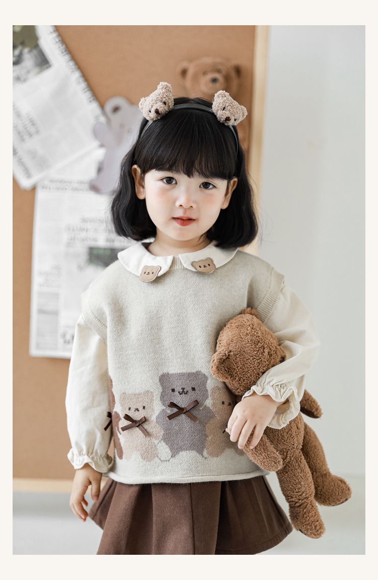針織圓領百搭背心-熊熊-杏灰色
