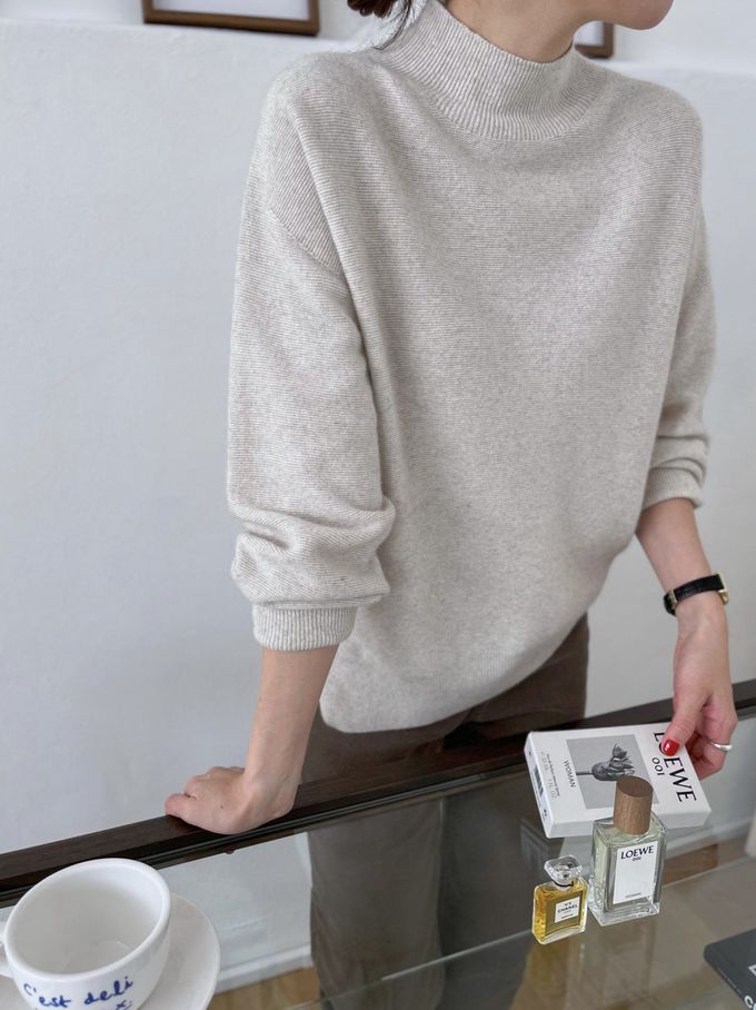 韓國女裝連線 - 斜角側開衩混羊毛針織長袖上衣-可可 (FREE)