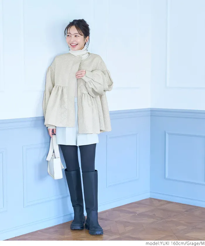 日本 COCA - 優雅緹花氣球袖薄外套-淺灰