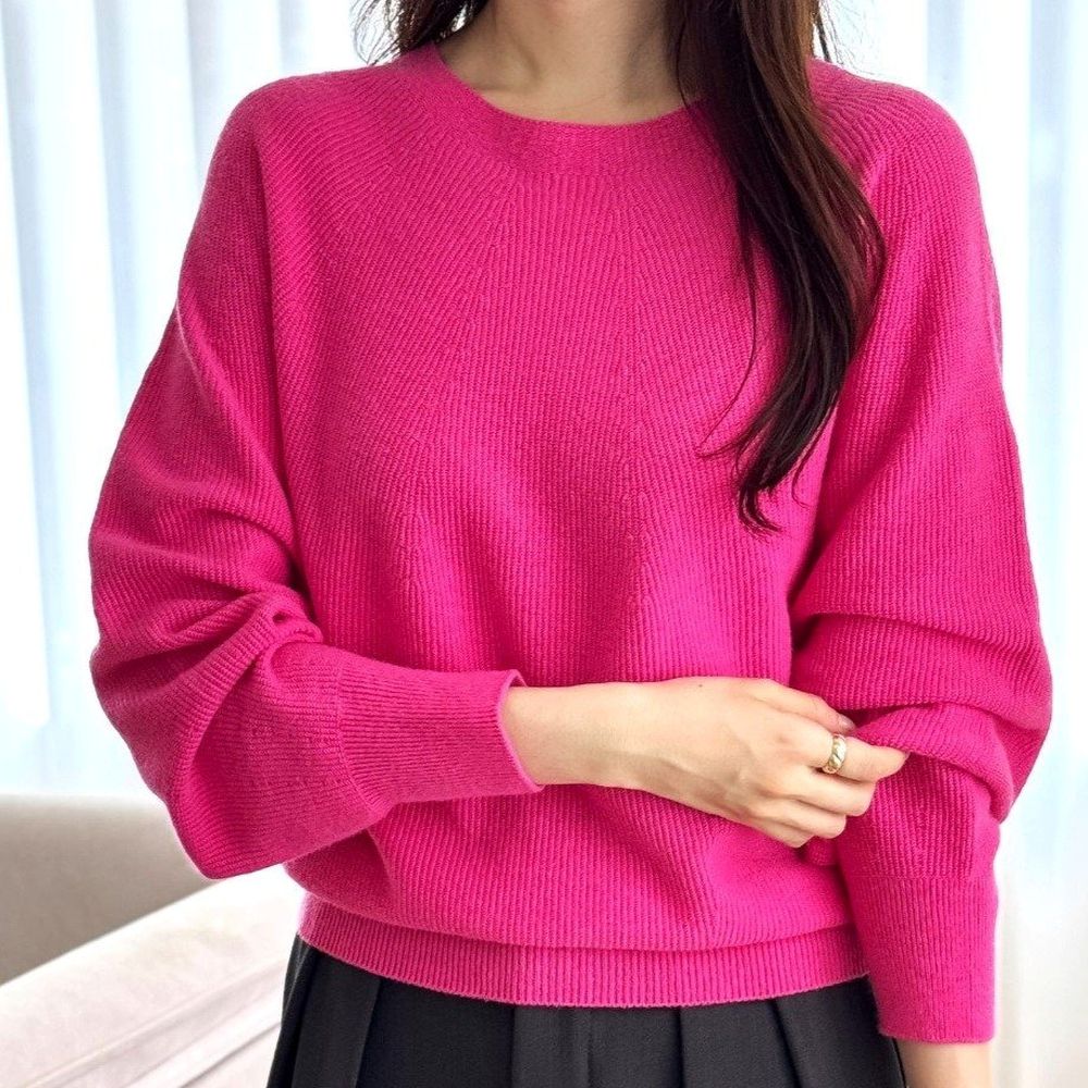 細緻喀什米爾羊毛無縫長袖針織上衣-桃紅 (FREE)